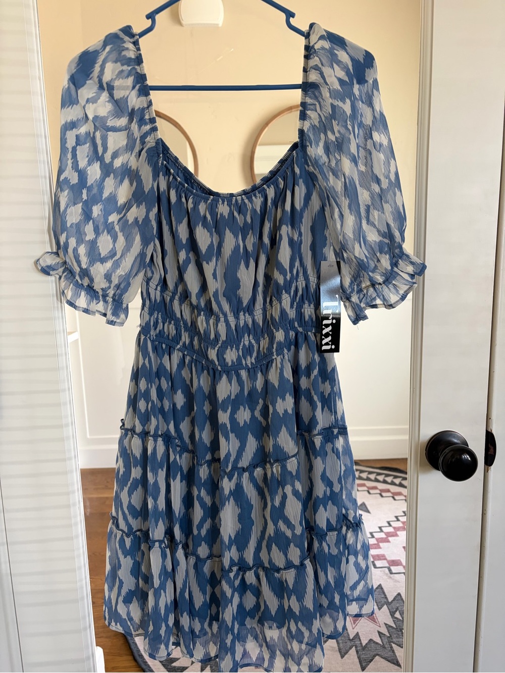 Trixxi Blue & White Printed Tiered Midi Dress